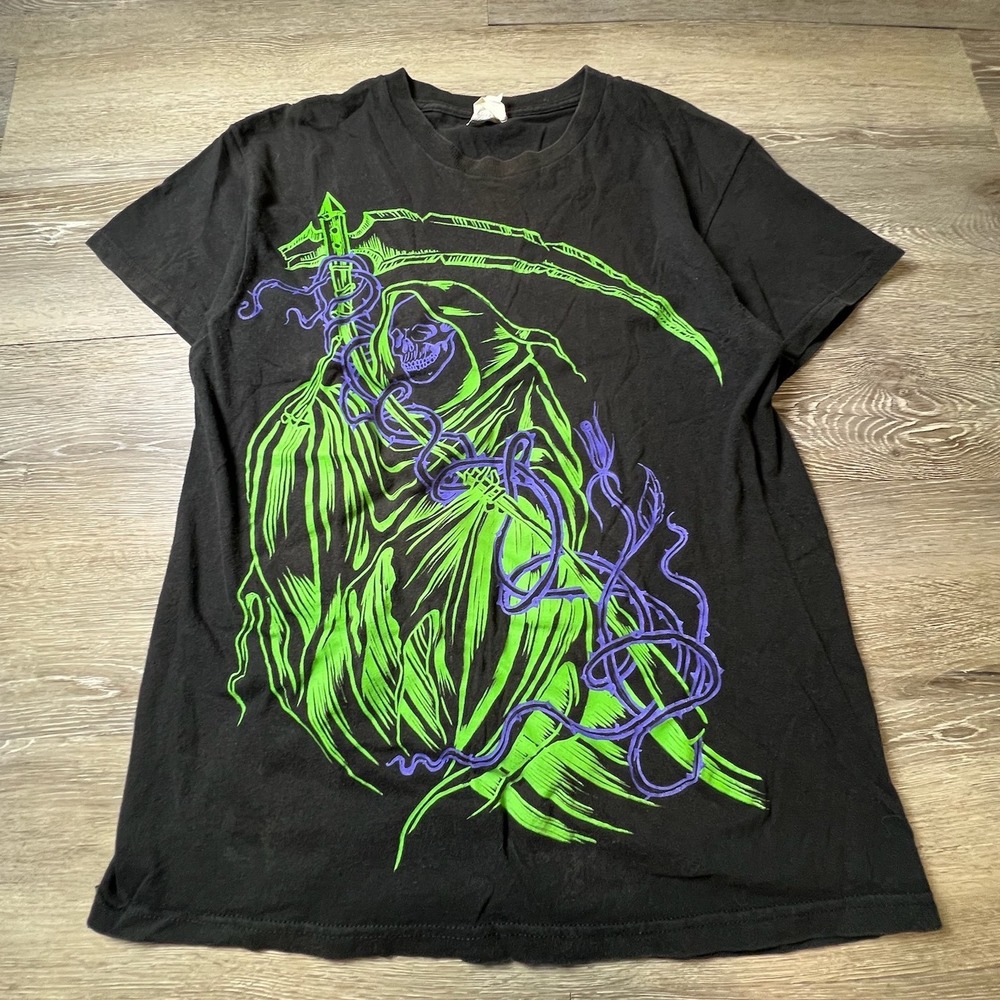 Y2K Grim Reaper Graphic T-Shirt Mens Medium Black Neon Gothic Tee